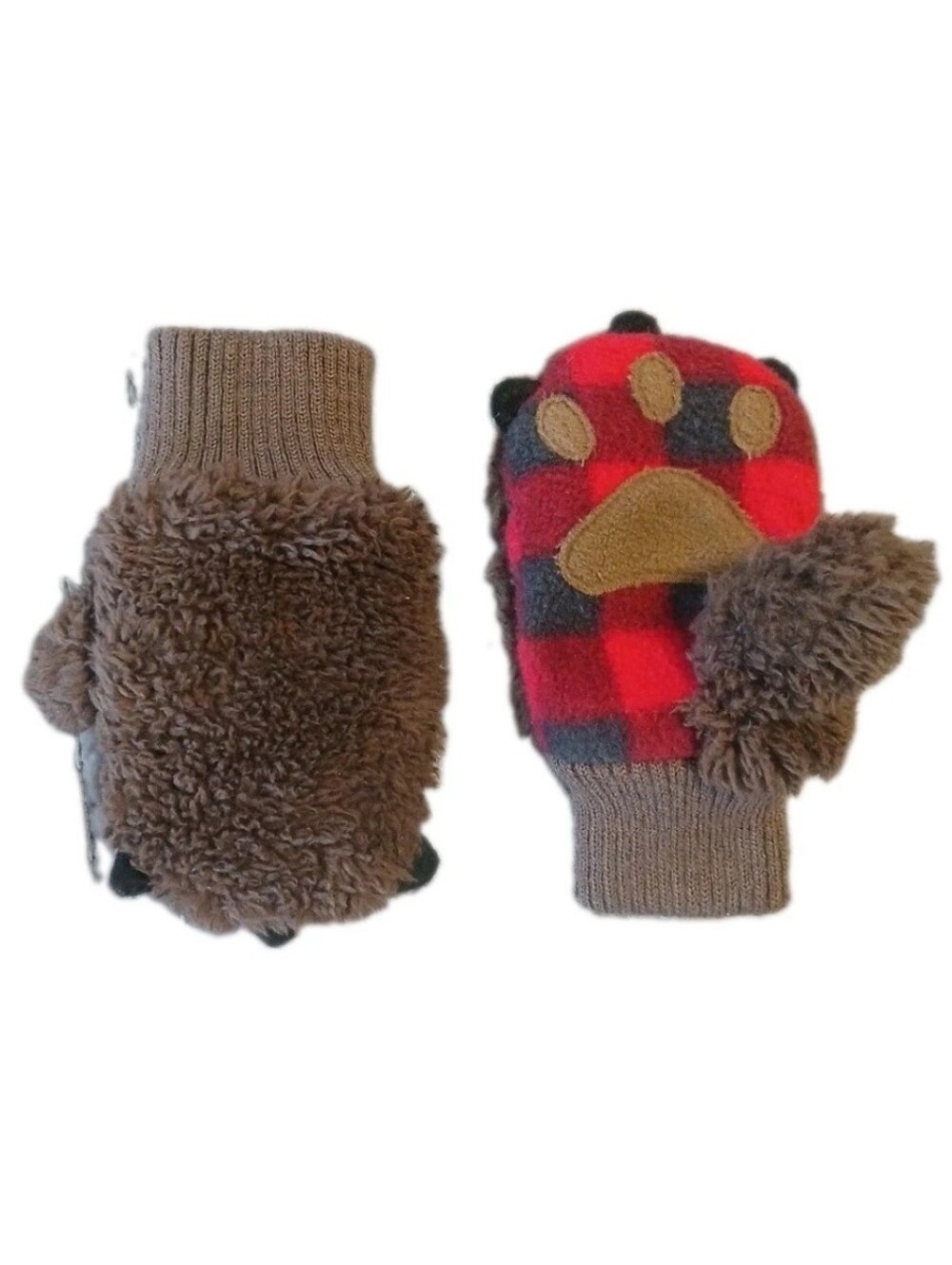 Baby Gap Size Small Bear Paw Mittens  Red Black Buffalo Plaid Brown Plush